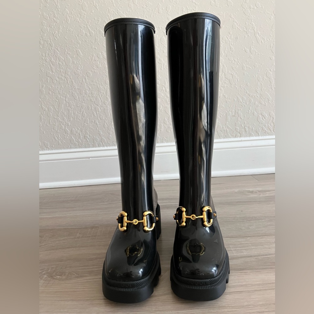 NEW GUCCI Knee High Rubber Horsebit Tall Rain Boot Nero Black Horse Size 5 - Picture 3 of 7